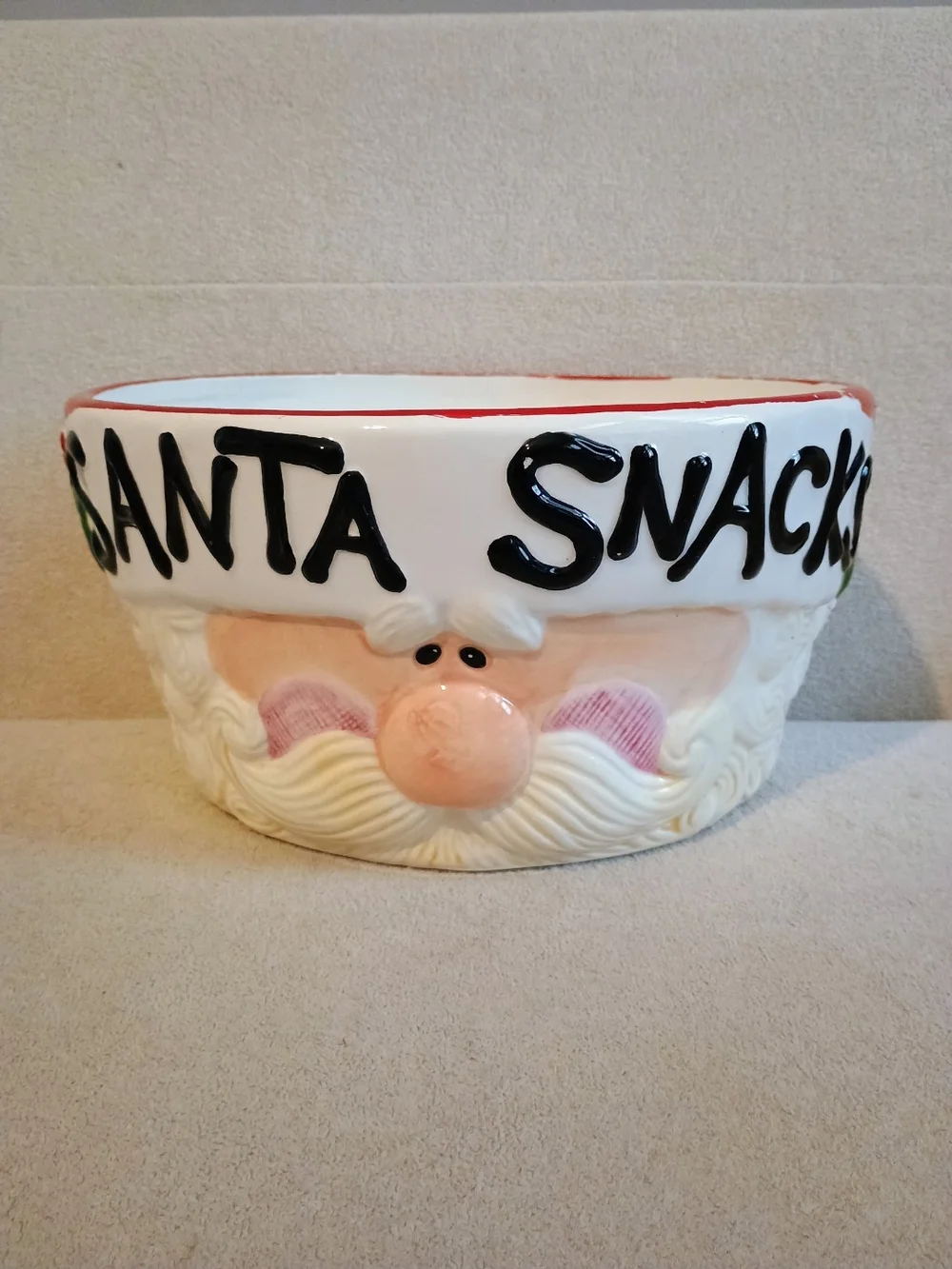 Santa Snacks Christmas Bowl Ceramic Glossy White Red Black Hand Wash